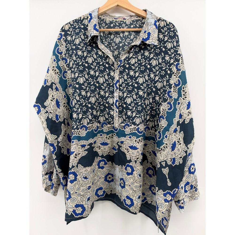 Johnny Was Women L Navy Blue Floral Silk Button Down Blouse Oversized Boho Top